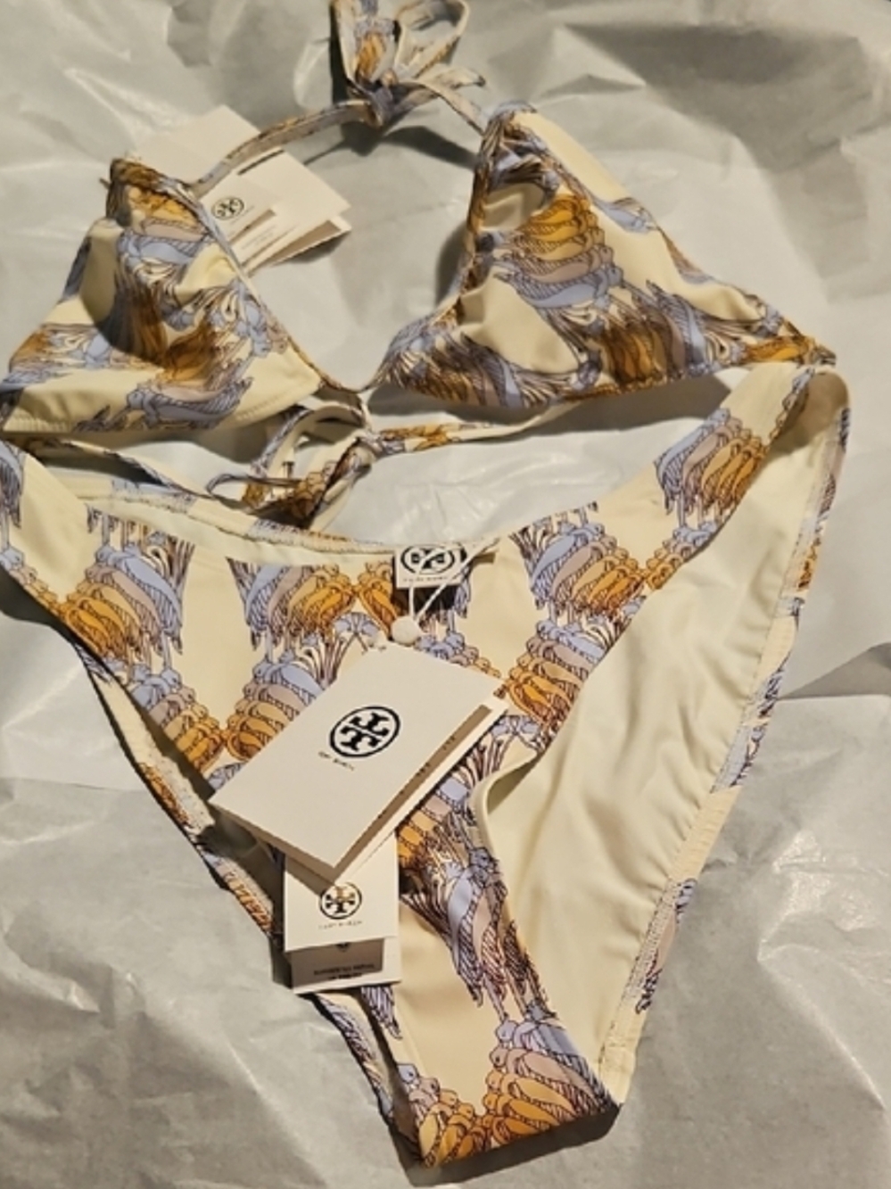 Tory Burch Cream Bikini set with Yellow, Tans, blues Print